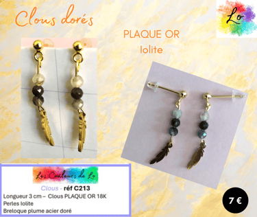 Boucles clous Plaqué or Iolite plume dorée Les Couleurs de Lo