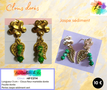 Boucles clous fleur dorée Jaspe sédiment vert feuille dorée Les Couleurs de Lo