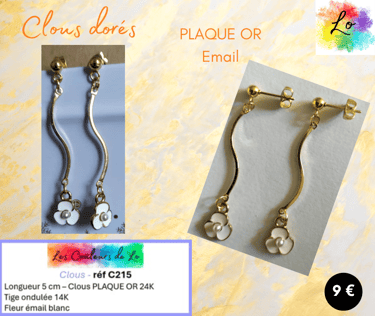 Boucles clous Plaqué or tige rigide fleur émail blanc Les Couleurs de Lo