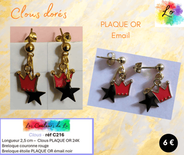 Boucles clous PLAQUE OR étoile émail noir couronne émail rouge Les Couleurs de Lo
