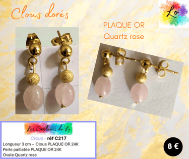 Boucles clous Plaqué or perle pailletée Plaqué or Quartz rose Les Couleurs de Lo