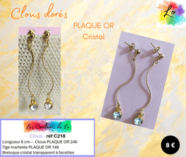 Boucles clous Plaqué or tige ondulée Plaqué or strass cristal transparent Les Couleurs de Lo