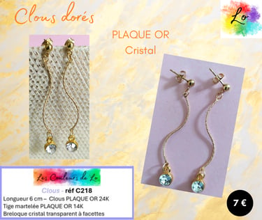 Boucles clous Plaqué or tige ondulée Plaqué or strass cristal transparent Les Couleurs de Lo
