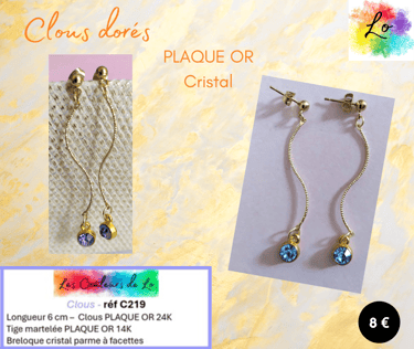 Boucles clous Plaqué or tige Plaqué or strass cristal parme Les Couleurs de Lo