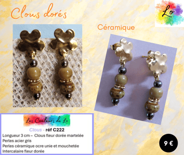 Boucles clous fleur dorée céramique ocre acier gris fleur dorée Les Couleurs de Lo