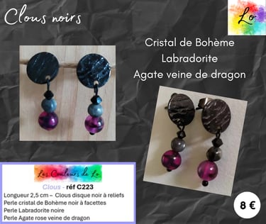 Boucles clous noirs à reliefs cristal Labradorite Agate Les Couleurs de Lo