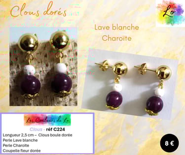 Boucles clous boule dorée Lave blanche Charoïte Les Couleurs de Lo