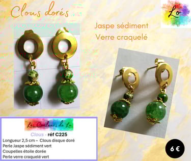 Boucles clous dorés Jaspe sédiment vert verre craquelé vert Les Couleurs de Lo