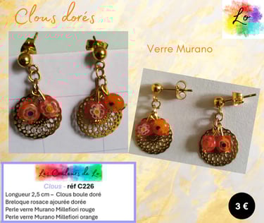 Boucles clous dorés rosace dorée Murano Millefiori rouge et orange Les Couleurs de Lo