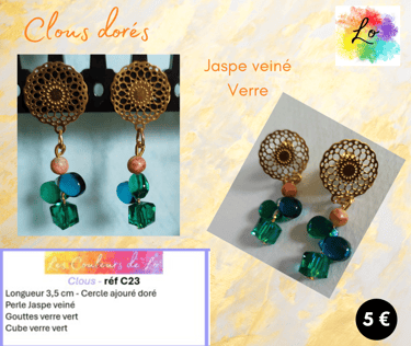 Boucles clous dorés fleur Jaspe veiné verre vert Les Couleurs de Lo