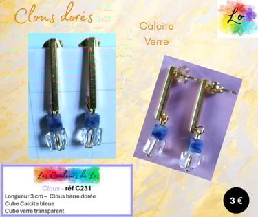 Boucles clous dorés Calcite bleue verre Les Couleurs de Lo