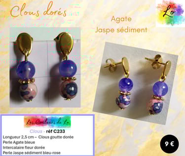 Boucles clous goutte dorée Agate bleue Jaspe sédiment bleu-rose Les Couleurs de Lo