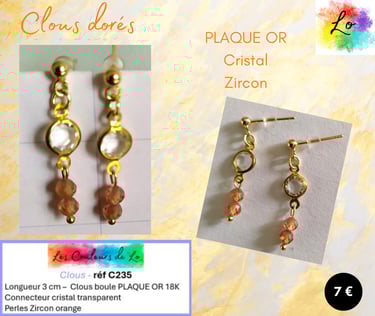 Boucles clous dorés cristal transparent Zircon orange Les Couleurs de Lo