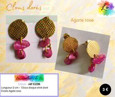 Boucles clous dorés Agate rose Les Couleurs de Lo