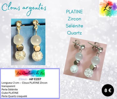 Boucles clous Platine Zircon Sélénite Quartz craquelé Les Couleurs de Lo