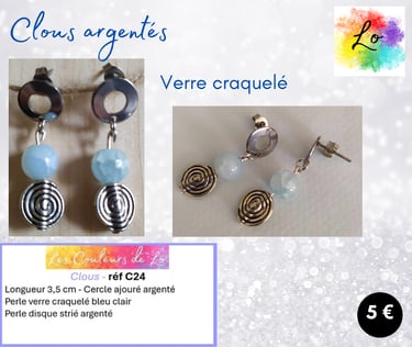 Boucles clous argentés verre craquelé bleu Les Couleurs de Lo