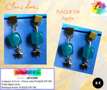 Boucles clous Plaqué or Agate verte étoile Plaqué or Les Couleurs de Lo
