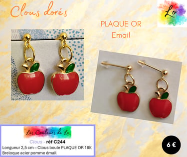 Boucles clous Plaqué or pomme émail rouge Les Couleurs de Lo
