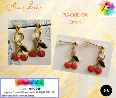 Boucles clous Plaqué or cerises émail rouge Les Couleurs de Lo