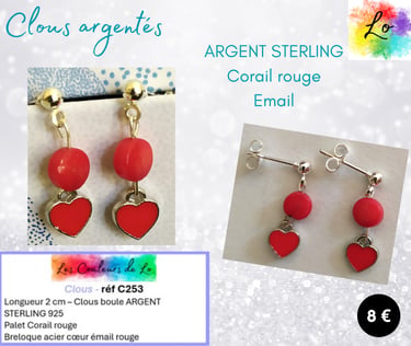 Boucles clous Argent 925 Corail rouge cœur émail rouge Les Couleurs de Lo