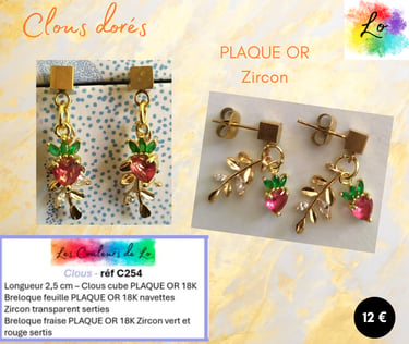 Boucles clous Plaqué or feuille fraise Plaqué or Zircon Les Couleurs de Lo