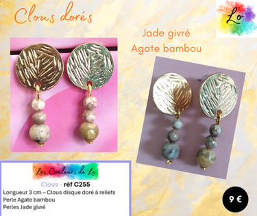 Boucles clous doré Jade givré Agate bambou Les Couleurs de Lo