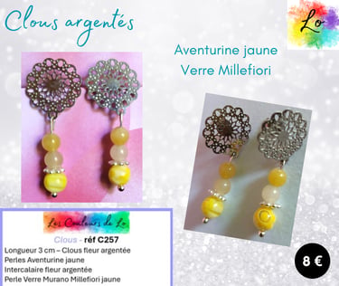 Boucles clous argentés Aventurine jaune verre Millefiori jaune Les Couleurs de Lo