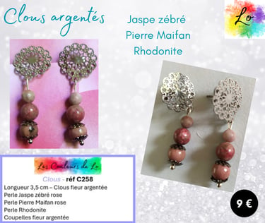 Boucles clous argentés Jaspe zébré Pierre Maifan Rhodonite Les Couleurs de Lo
