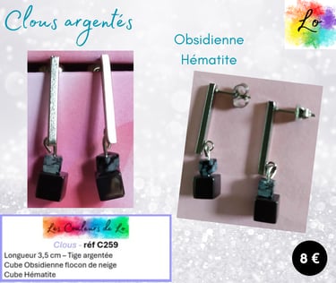 Boucles clous argentés Obsidienne flocon de neige Hématite Les Couleurs de Lo