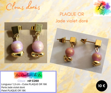 Boucles clous Plaqué or Jade violet doré palet Plaqué or Les Couleurs de Lo