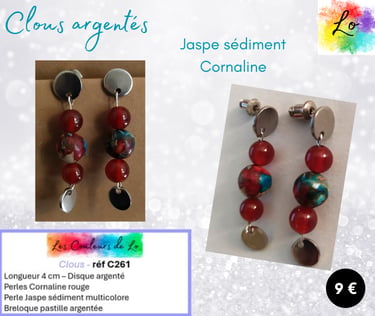 Boucles clous argentés Cornaline Jaspe sédiment pastille argentée Les Couleurs de Lo