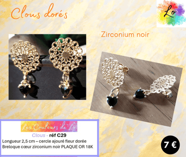 Boucles clous rosace dorée cœur zirconium noir Les Couleurs de Lo