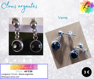 Boucles clous argentés verre noir Les Couleurs de Lo