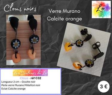 Boucles clous noirs verre Murano Millefiori Calcite orange Les Couleurs de Lo