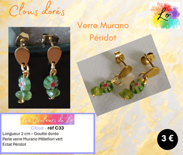 Boucles clous dorés verre Murano Millefiori Péridot Les Couleurs de Lo