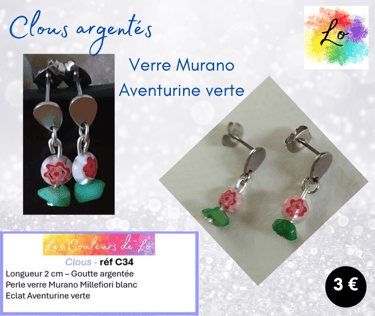 Boucles clous argentés verre Murano Millefiori Aventurine verte Les Couleurs de Lo