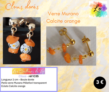 Boucles clous dorés Calcite orange verre Murano Millefiori Les Couleurs de Lo
