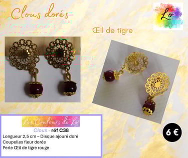 Boucles clous dorés fleur métal Œil de Tigre rouge Les Couleurs de Lo