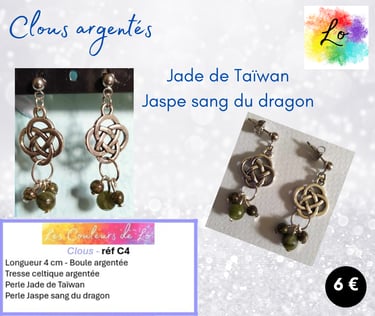 Boucles clous argentés rosace celtique métal Jade Jaspe Les Couleurs de Lo