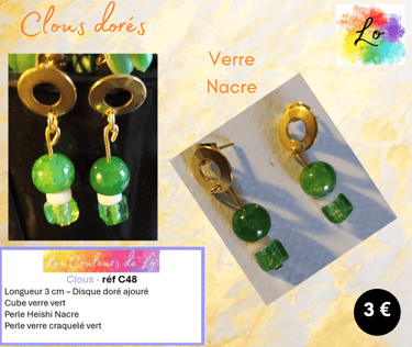 Boucles clous dorés verre vert Nacre Les Couleurs de Lo