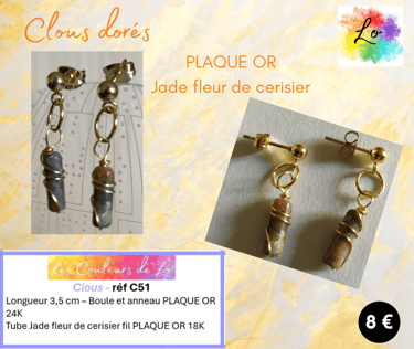 Clous d'oreille Plaqué or Jade fleur de cerisier Les Couleurs de Lo