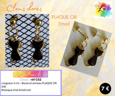 Clous d'oreille Plaqué or chat émail noir Les Couleurs de Lo