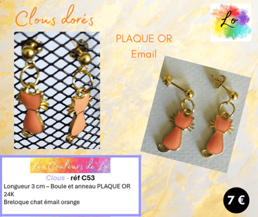 Clous d'oreille Plaqué or chat émail orange Les Couleurs de Lo