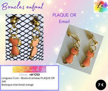 Boucles clous Plaqué or chat émail orange Les Couleurs de Lo