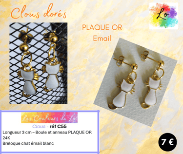 Clous d'oreille Plaqué or chat émail blanc Les Couleurs de Lo