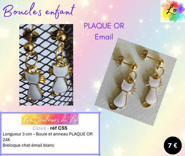 Boucles clous Plaqué or chat émail blanc Les Couleurs de Lo