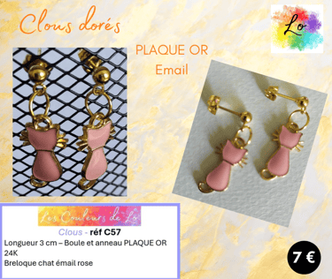 Clous d'oreille Plaqué or chat émail rose Les Couleurs de Lo