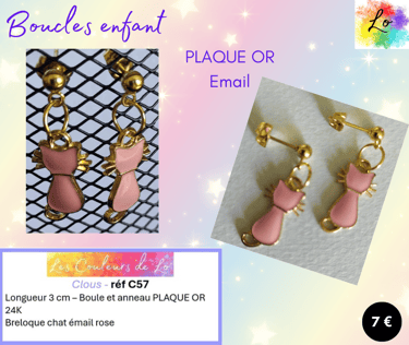 Boucle clous Plaqué or chat émail rose Les Couleurs de Lo