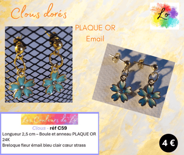 Clous d'oreille Plaqué or fleur émail bleu clair Les Couleurs de Lo