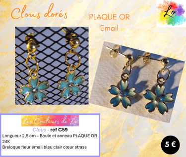 Boucles clous Plaqué or fleur émail bleu clair Les Couleurs de Lo